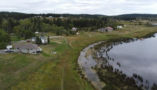 A view of a pond and houses from above.