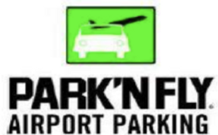 A green and white logo for park ' n fly airport parking.