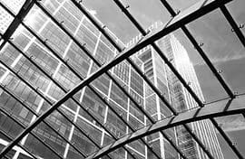 A black and white photo of the inside of a building.